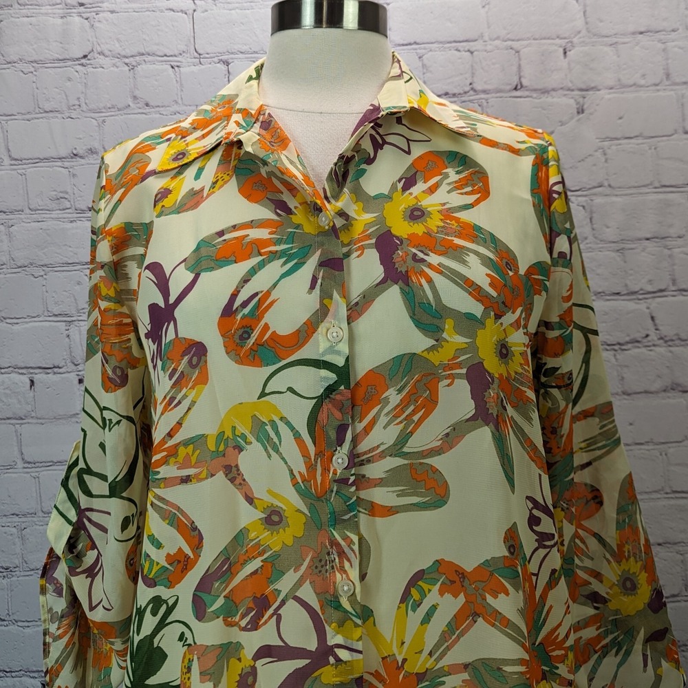 Peck & Peck SZ M Chiffon Floral Button Front 3/4 Sleeve Great Season Transition
